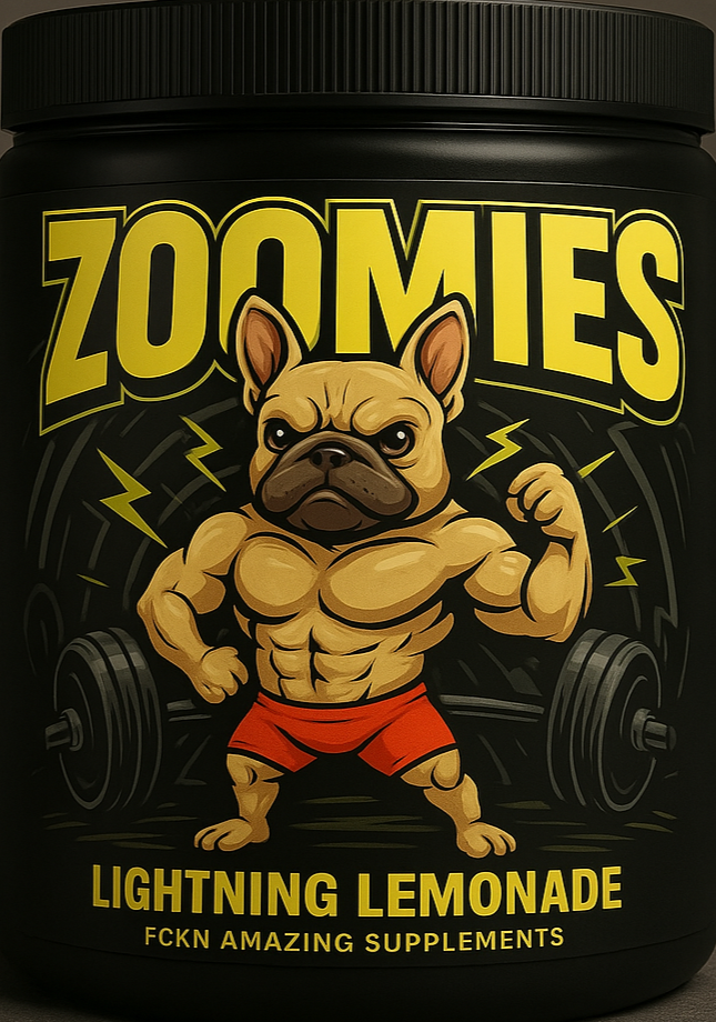 Supplement container labeled 'Zoomies' with a bulldog graphic and 'Lightning Lemonade' flavor text.