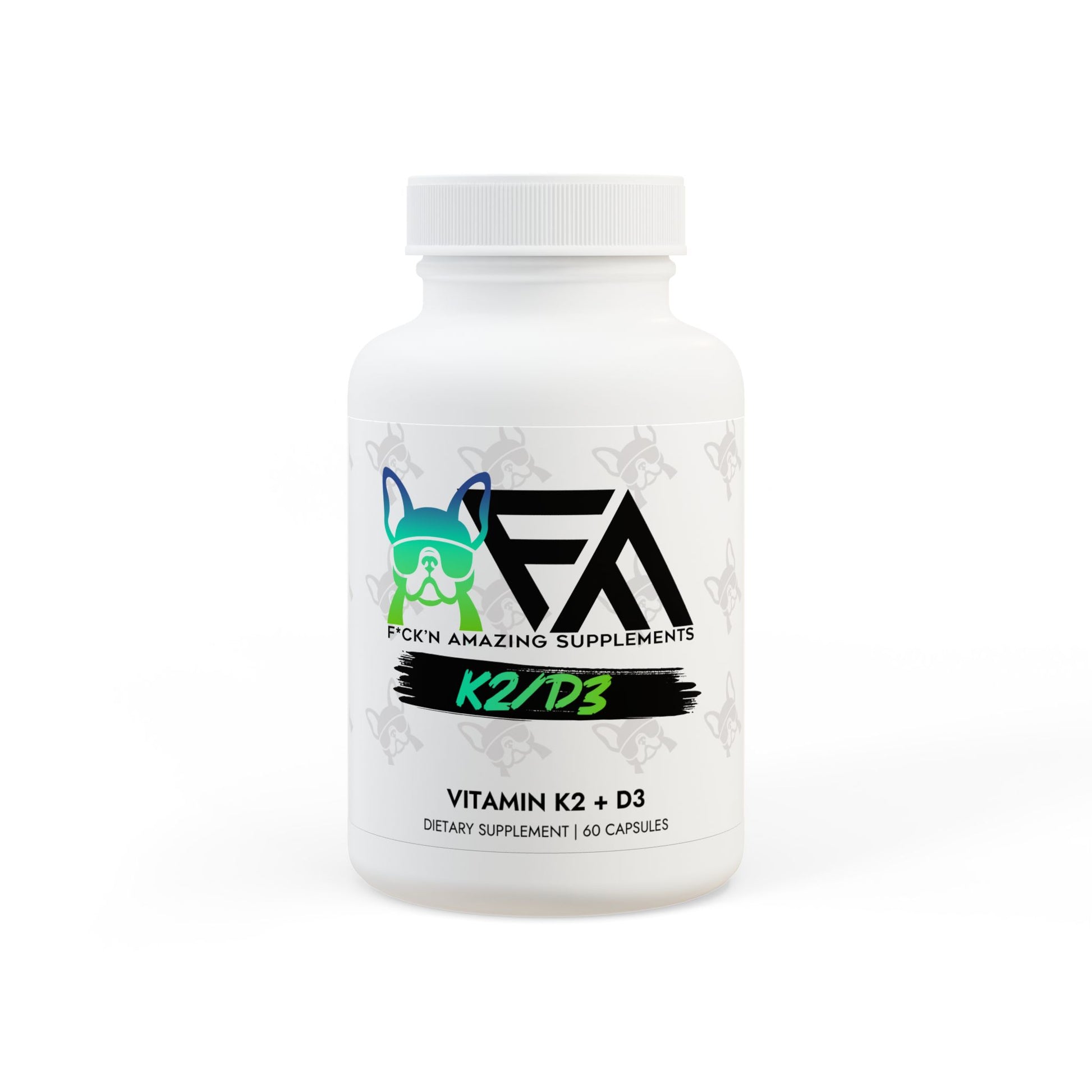 FCKN Amazing K2 + D3 supplement bottle, designed to support bone health, immune function, and heart health
