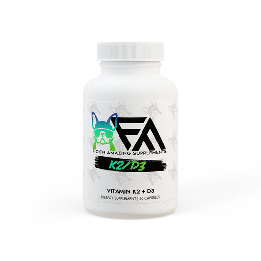 FCKN Amazing K2 + D3 supplement bottle, designed to support bone health, immune function, and heart health