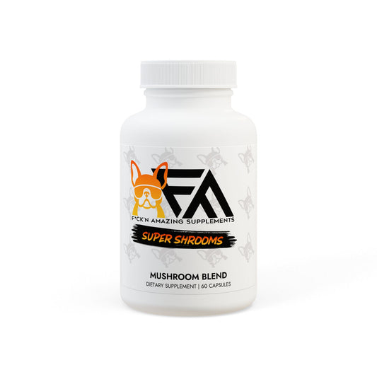 FCKN Amazing Super Shrooms supplement bottle, packed with adaptogenic mushrooms for energy, focus, and immune support