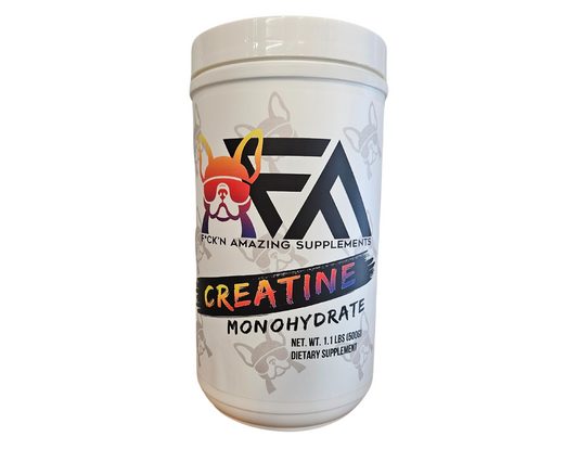 Tub of FCKN Amazing Creatine supplement for muscle recovery and performance