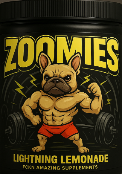 Supplement container labeled 'Zoomies' with a bulldog graphic and 'Lightning Lemonade' flavor text.